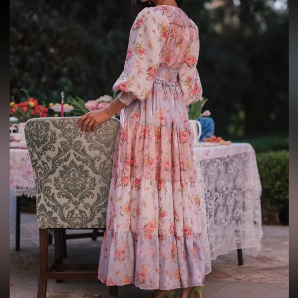 JESSAKAE Garden Rose Sweet Peony Floral Maxi Tea Dress Pink Purple Button Down - Picture 4 of 6